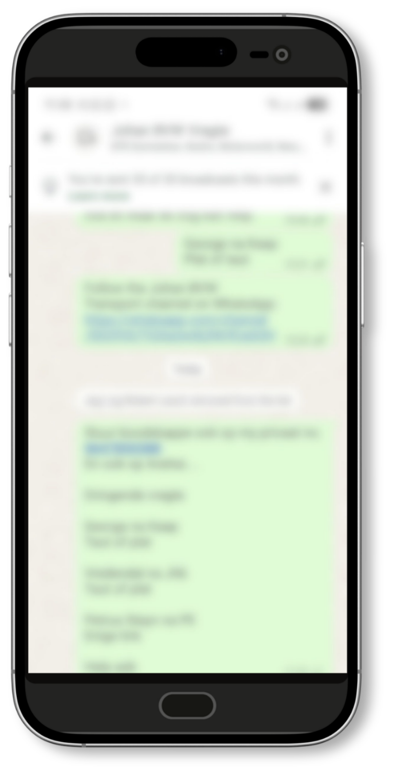 A blurred phone showing old broadcast-message limits